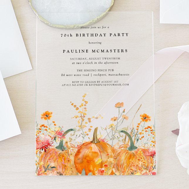 ACRYLIC 70th Birthday Fall Pumpkin Wildflower Invitations (Creator Uploaded)