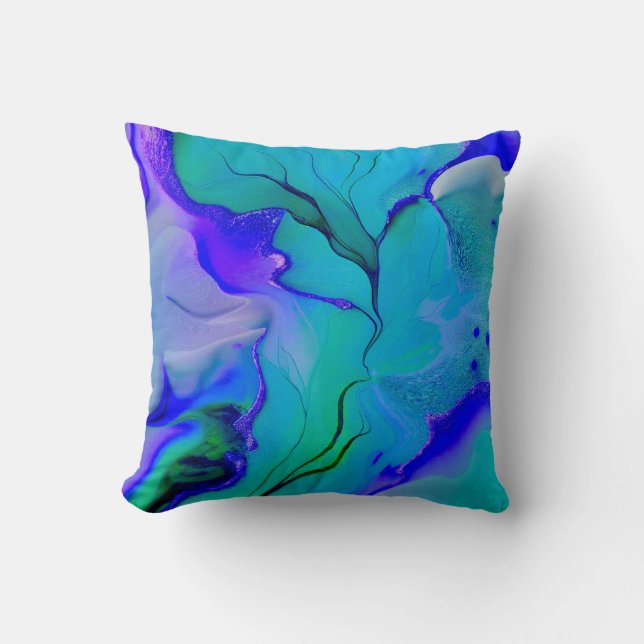 Acrylic Abstract Creative Blue, Purple and Green Throw Pillow (Front)