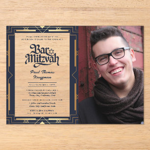 ACRYLIC BAR MITZVAH Photo Blue Gold Elegant Acrylic Invitations
