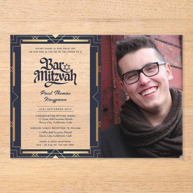 ACRYLIC BAR MITZVAH Photo Blue Gold Elegant Acrylic Invitations (Front)
