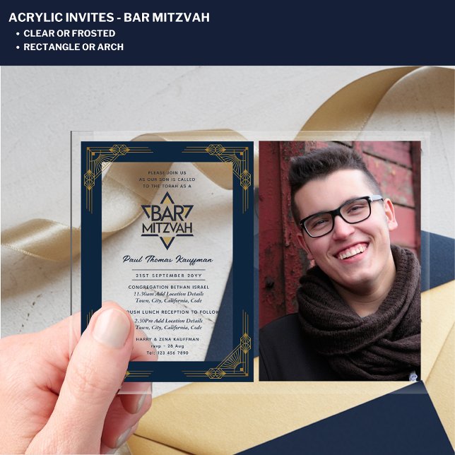 ACRYLIC BAR MITZVAH Photo Blue Gold Elegant Modern Invitations (Creator Uploaded)
