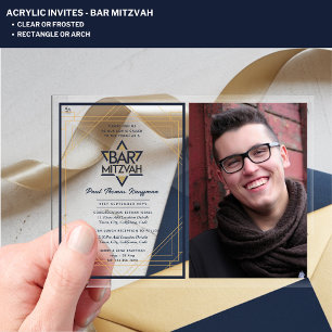 ACRYLIC BAR MITZVAH Photo Blue Gold Star David Invitations