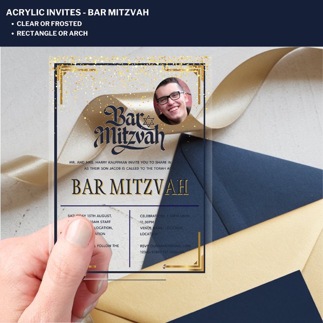 ACRYLIC BAR MITZVAH Photo Modern Navy Gold Classy Invitations (Creator Uploaded)