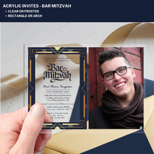 ACRYLIC BAR MITZVAH Photo Navy Gold Elegant Invitations
