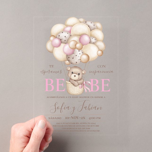 Acrylic Bear Balloons Baby Shower Girl Spanish Acrylic Invitations (Insitu (Handheld))