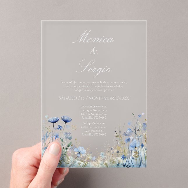 Acrylic blue flower Wedding Invitation in Spanish (Insitu (Handheld))