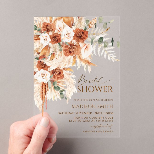 Acrylic Boho Floral Pampas Bridal Shower  Acrylic Invitations (Insitu (Handheld))