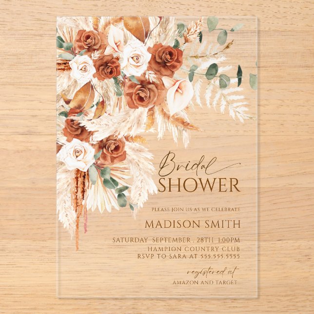 Acrylic Boho Floral Pampas Bridal Shower  Invitations (Front)