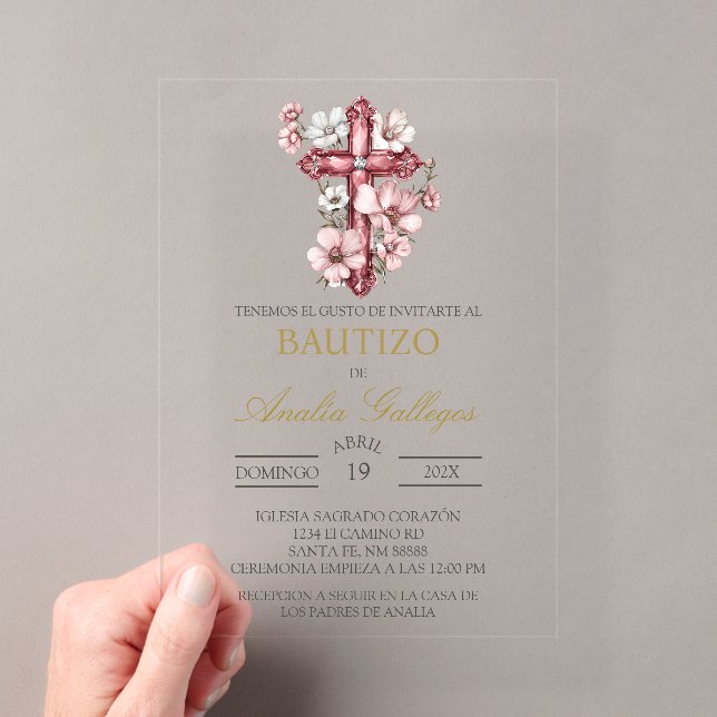 Acrylic Crucifix Spanish baptism Invitation (Insitu (Handheld))