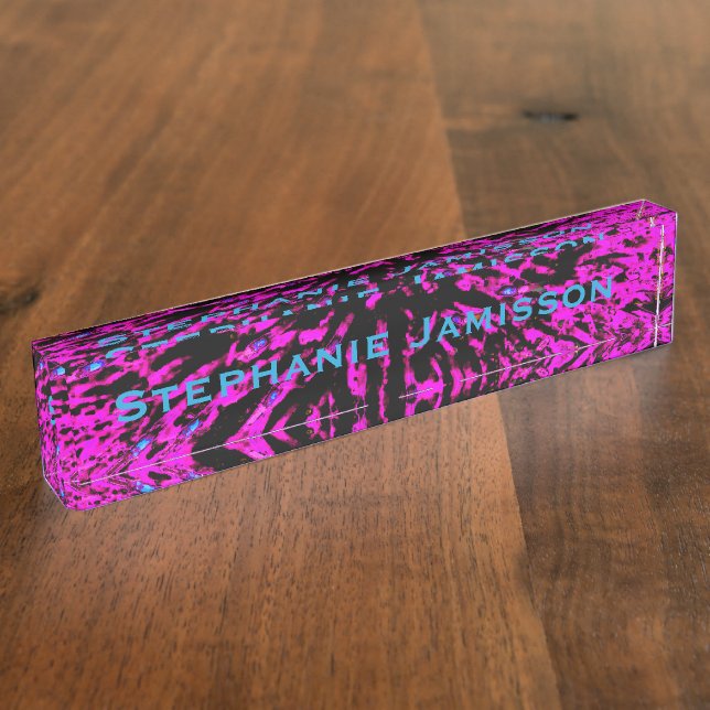 Acrylic Desk Nameplate Hot Pink and Black Abstract (Side)