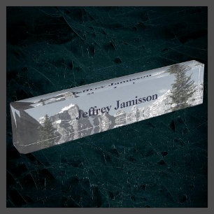 Acrylic Desk Nameplate Mountains Personalized Grey