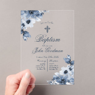 Acrylic dusty blue baptism with cross invitations