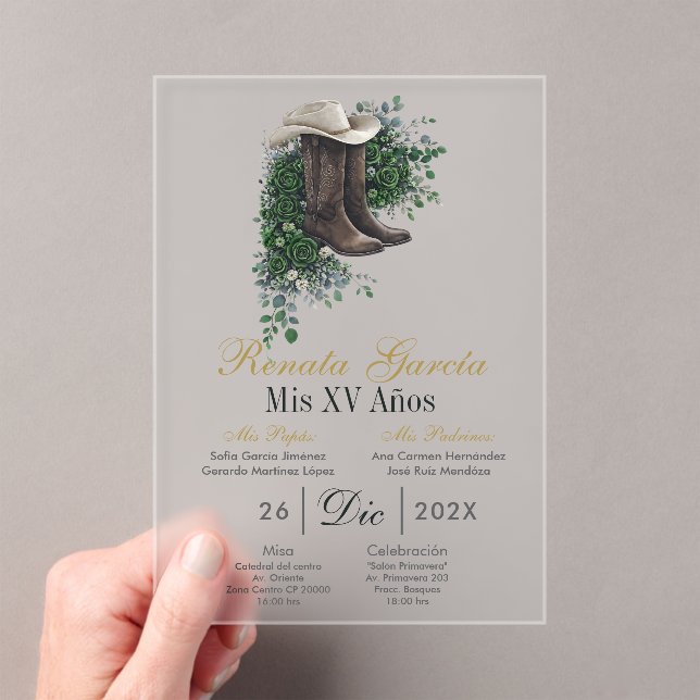 Acrylic Emerald floral boot Quinceañera Invitation (Insitu (Handheld))