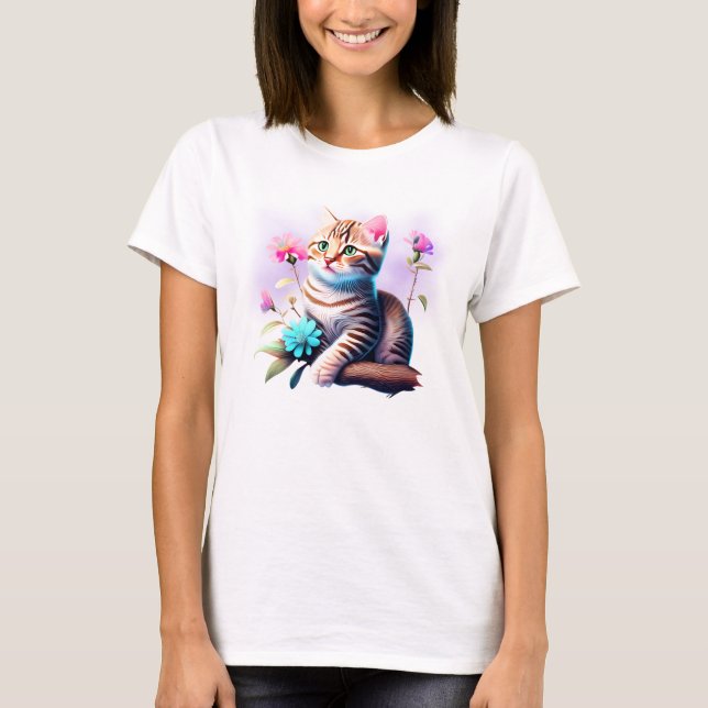 Acrylic Flower Cute Cat T-Shirt (Front)