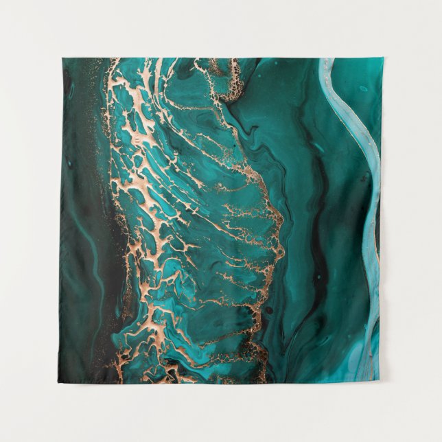 Acrylic Fluid Art. Dark green waves in abstract oc Tapestry (Front)