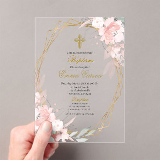 Acrylic Gold frame pink blush floral baptism Invitations