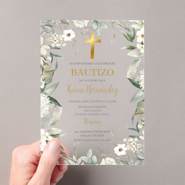 Acrylic greenery white flower Baptism Spanish Invitations (Insitu (Handheld))