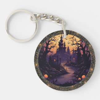 Acrylic Halloween Castle Scene W Spiderweb Ring Keychain