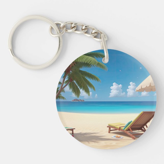 Acrylic Keychain with Tropical Beach Scene (Front)