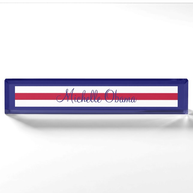 Acrylic Name Plate for Desk White Blue Geometric (Front)