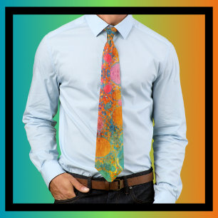 Acrylic Oil Orange Turquoise Pink Abstract Art Tie