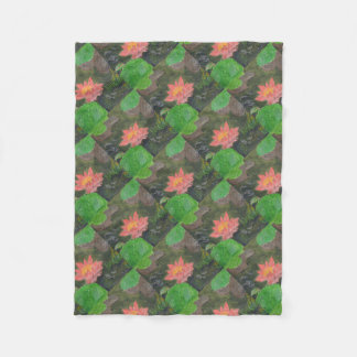 Acrylic on canvas, pink water lily flower fleece blanket