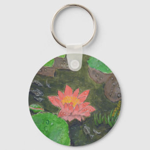 Acrylic on canvas, pink water lily flower keychain