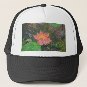 Acrylic on canvas, pink water lily flower trucker hat