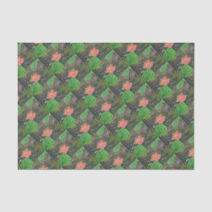Acrylic on canvas, pink waterlily and green leaves tissue paper