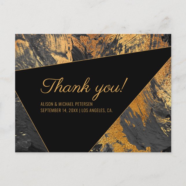 Acrylic painted gold and black wedding thank you postcard (Front)