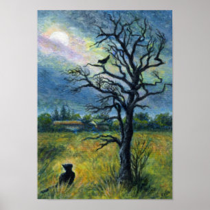 Acrylic painting, Cat & Bird & Moon Poster