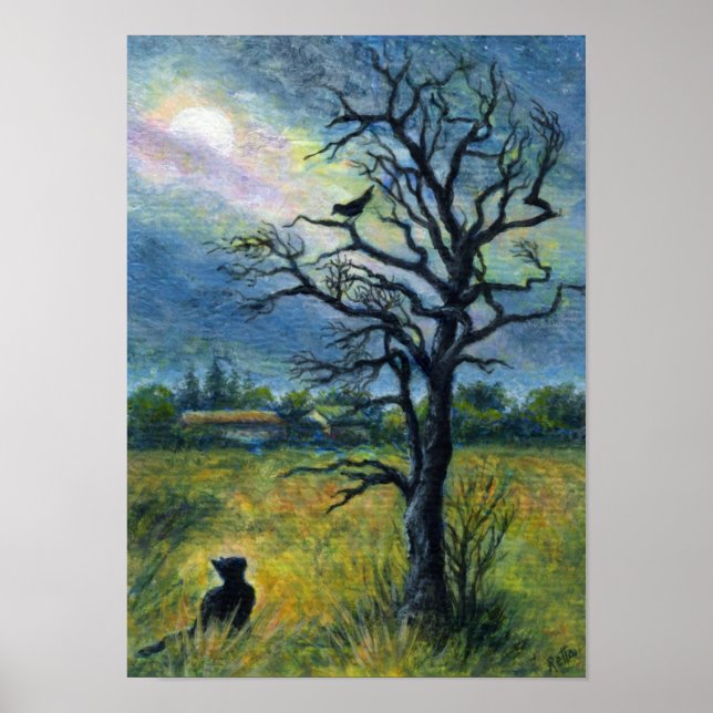 Acrylic painting, Cat & Bird & Moon Poster (Front)