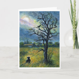 Acrylic painting, Cat, Bird, Moon & Tree Landscape Card