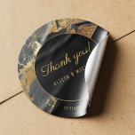 Acrylic painting gold and black wedding thank you square sticker<br><div class="desc">Chic sophisticated acrylic painting wedding thank you custom sticker / label / seal in dark grey charcoal, yellow, faux gold glitter and black colour palette with marble like abstract brushstrokes and faux gold modern contemporary fully editable typography script against a black geometric shape. Personalize it with bride and groom names...</div>