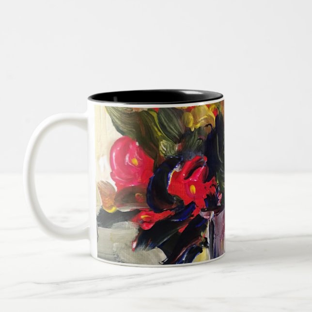 Acrylic painting, red flowers Two-Tone coffee mug (Left)