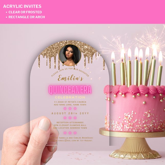 ACRYLIC PHOTO Quinceanera Hot Pink Gold Quince Acrylic Invitations (Creator Uploaded)