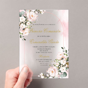 Acrylic pink floral first communion in spanish acrylic invitations