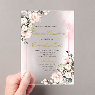 Acrylic pink floral first communion in spanish invitations