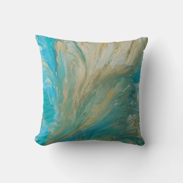 Acrylic pour abstract turquoise coastal throw pillow (Front)