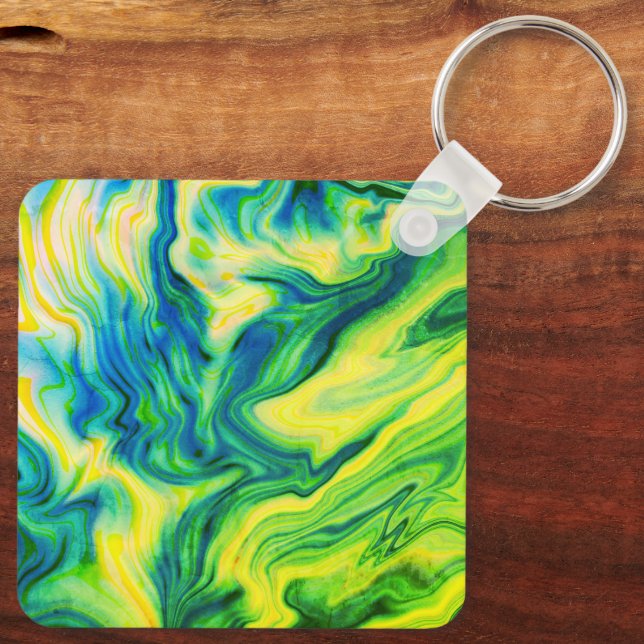Acrylic Pour, Blue, Green, Yellow /  Keychain (Back)