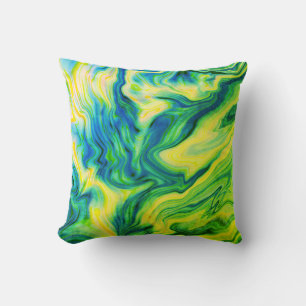 Acrylic Pour, Blue, Green, Yellow / Throw Pillow