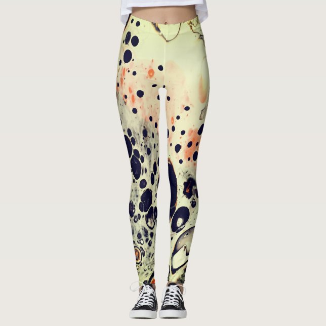 ACRYLIC POUR WHITE ORANGE CELLS ABSTRACT LEGGINGS (Front)