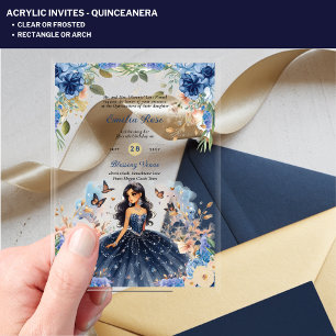 ACRYLIC Quinceanera Blue Floral Dress Quince Invitations