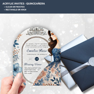 ACRYLIC Quinceañera Blue Silver Peach Dress Floral Invitations