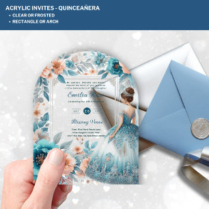 ACRYLIC Quinceañera Blue Silver Peach Dress Floral Invitations