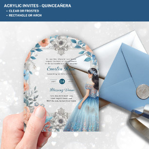 ACRYLIC Quinceañera Blue Silver Peach Dress Floral Invitations