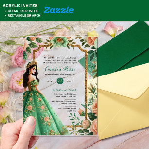 ACRYLIC Quinceañera Emerald GREEN Gold Dress Acrylic Invitations