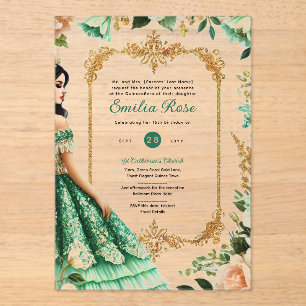 ACRYLIC Quinceañera Emerald GREEN Gold Dress Invitations