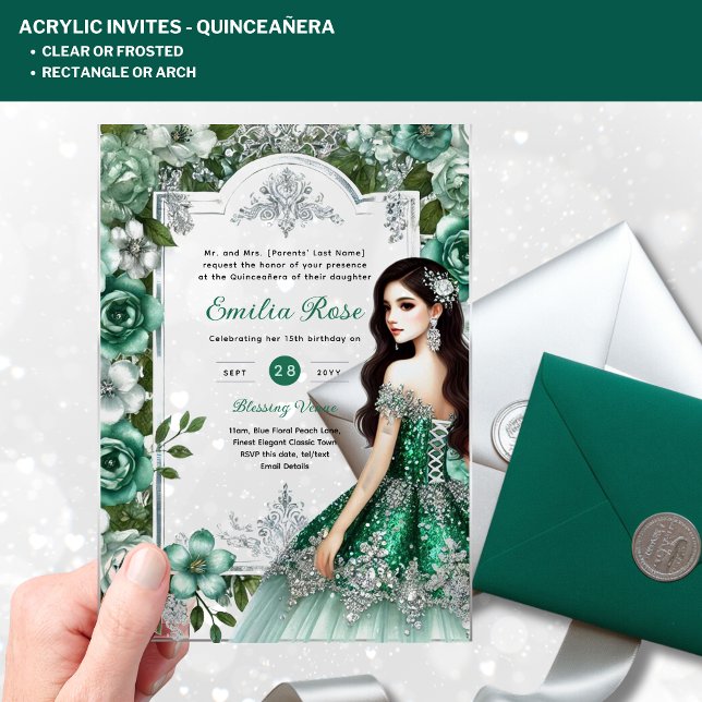 ACRYLIC Quinceañera Emerald GREEN Silver Dress Invitations (Creator Uploaded)