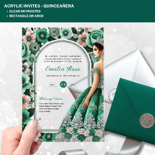 ACRYLIC Quinceañera Emerald GREEN Silver Dress Invitations